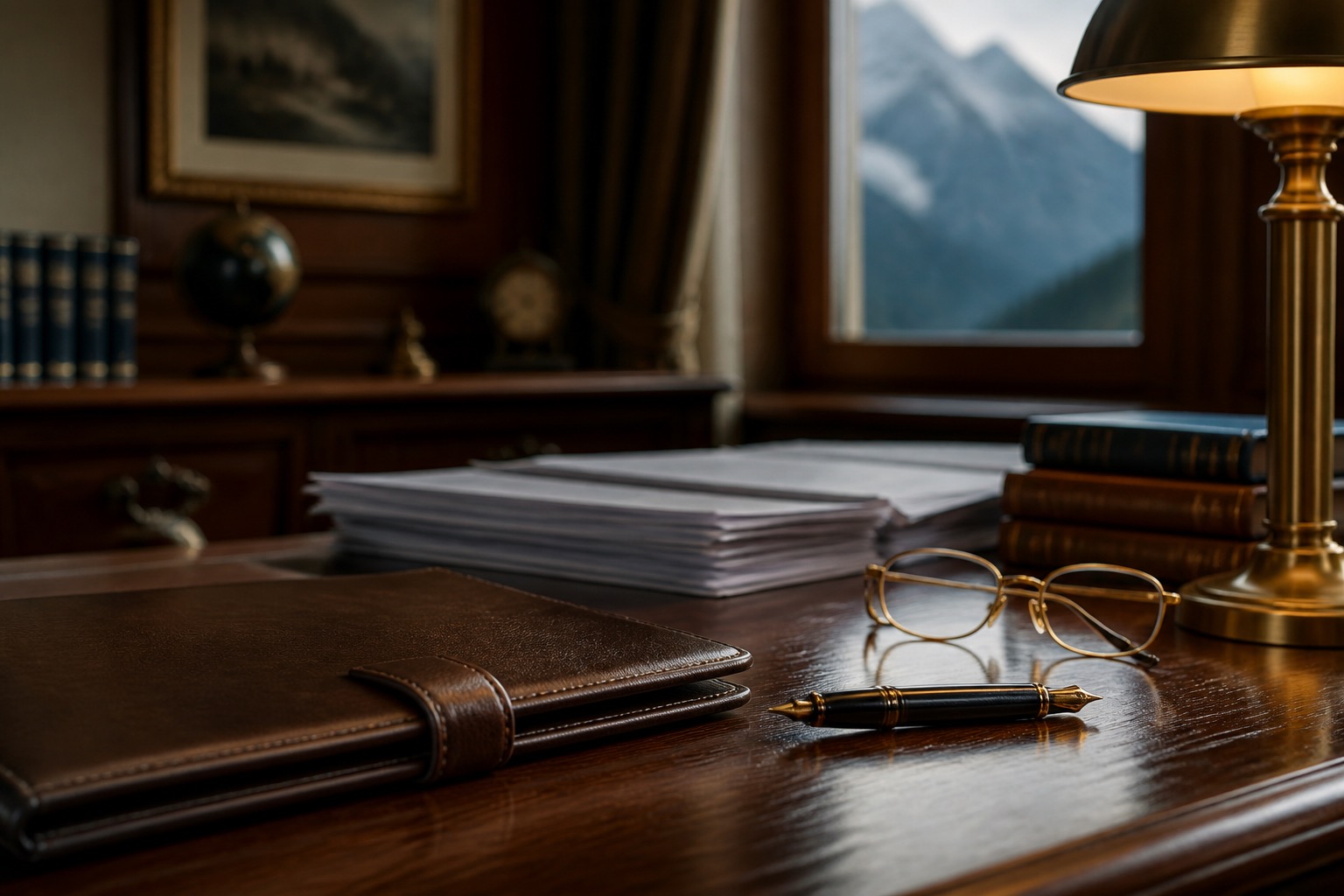 Treuhandpult mit Dossier und Blick auf die Alpen